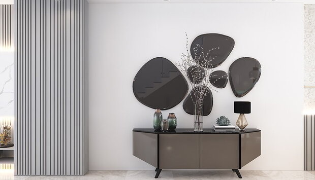 Trang trí phòng khách đẹp với gương bỉ màu trà và đen