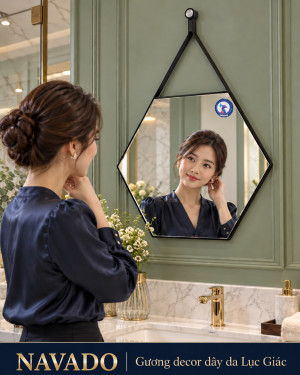 Gương nhà tắm lục giác treo dây da D50