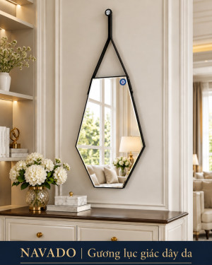 Gương lục giác dây da 35x55 phòng khách
