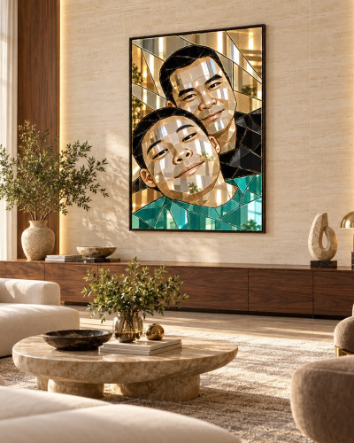 Tranh gương chân dung Cha Con khảm thủ công
