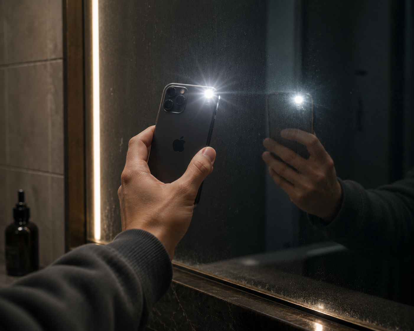 Soi đèn flash vào gương để kiểm tra gương 2 chiều